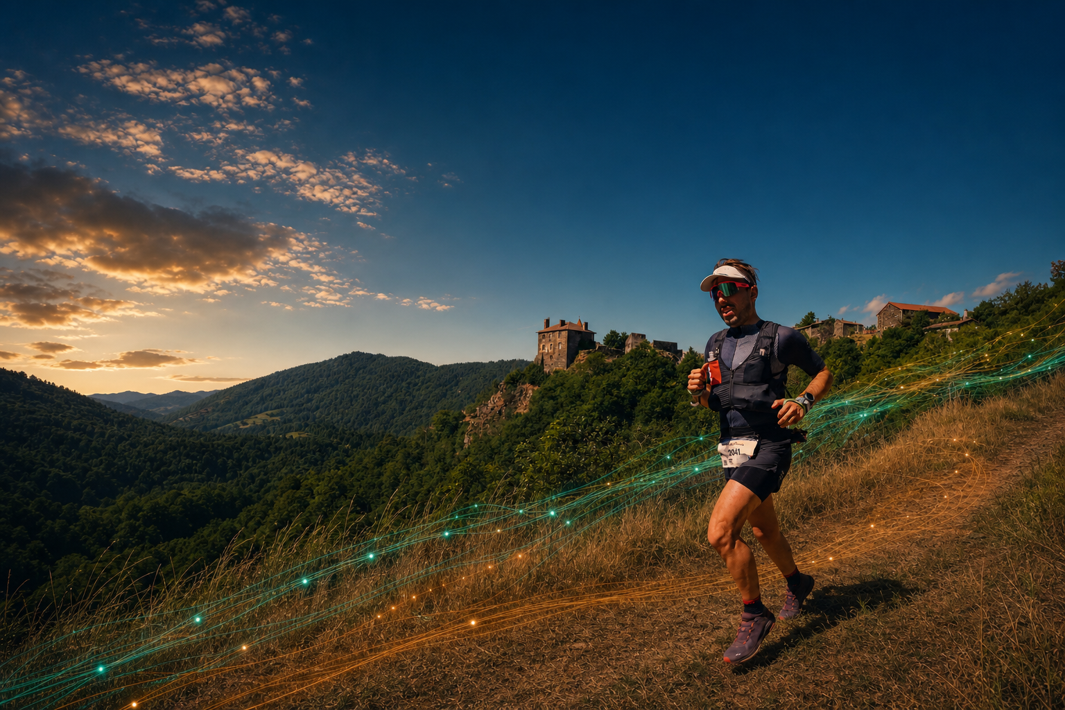 Endurance athlete running along an alpine ridge at sunrise
